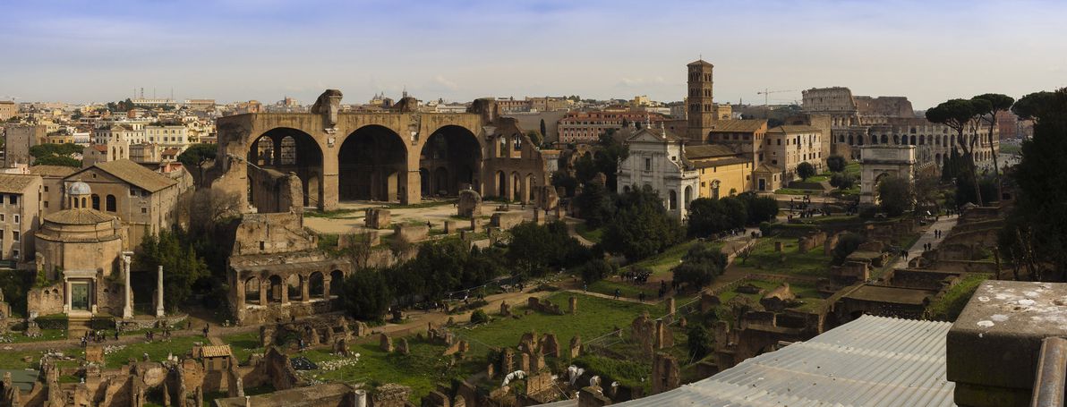 View of the Roman Forum and a glimpse of the Colosseum from Palatine Hill